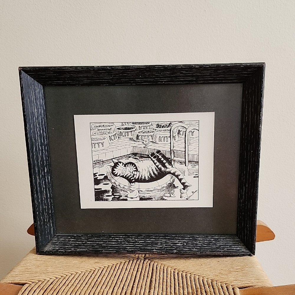 Sleeping Kitty Framed Art Print Cartoon Graphic Black White Wood Frame